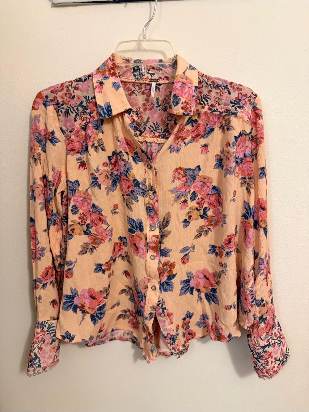 Free People Peach Floral Button-Down Blouse with Pink & Blue Blooms